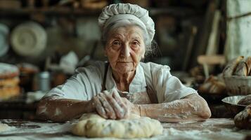 An elderly woman is making bread in a bakery photo