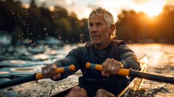 An older man rowing on a lake at sunset photo