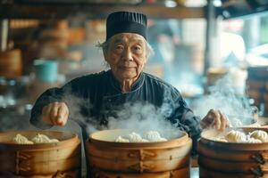 An old man in a chef hat is cooking steamed dumplings photo