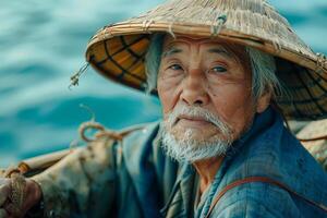 An old man wearing a hat on a boat photo