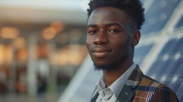 A young man standing in front of a solar panel photo