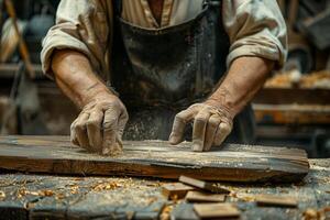 A man is working on a piece of wood photo