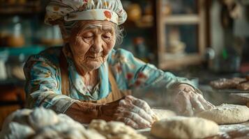 An elderly woman is making bread in a kitchen photo