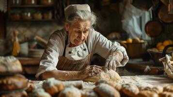 An elderly woman is making bread in a kitchen photo