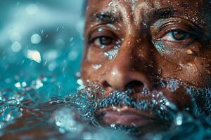 A man with a beard and water on his face photo