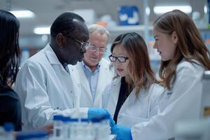 A group of people in lab coats looking at something photo