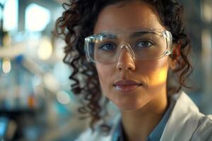 A woman in a lab coat and glasses photo