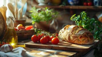 A loaf of bread sitting on a cutting board photo