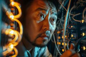 A man looking at a computer in a server room photo