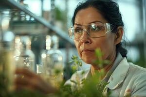 A woman in a lab coat is looking at plants photo