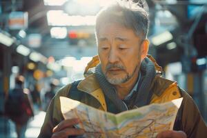 An older man is looking at a map in a train station photo