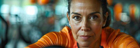 A woman in an orange shirt is looking at the camera photo