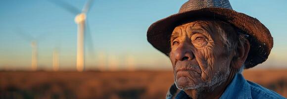 An old man with a hat looking at wind turbines photo