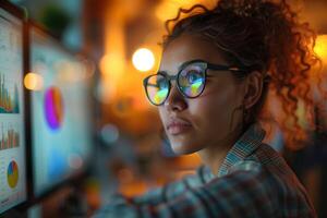 A woman wearing glasses and looking at a computer screen photo
