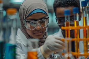 Two people in lab coats and goggles working on a test tube photo