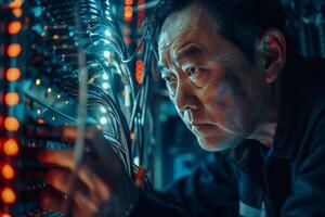 Asian man working on computer in data center photo