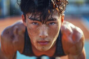 A young man is doing push ups on a tennis court photo
