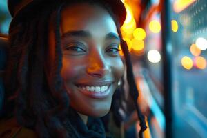 A woman with dreadlocks smiles while sitting in a car photo