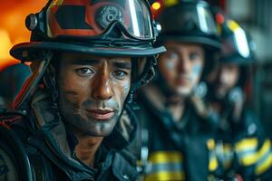 A firefighter is standing in front of a group of other firefighters photo