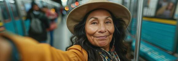 A woman taking a selfie on a subway train photo
