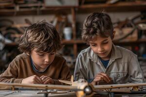 Two boys working on a model airplane in a workshop photo