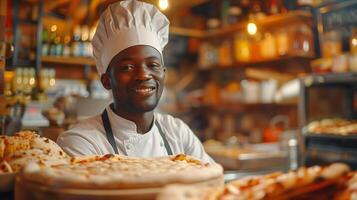 A smiling black man in a chef hat is standing in front of a pizza photo