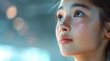 A young girl with a white face and blue eyes photo