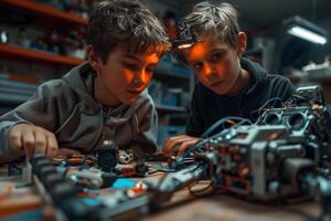 Two boys working on a robot in a workshop photo