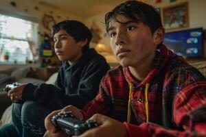 Two boys playing games on a couch photo