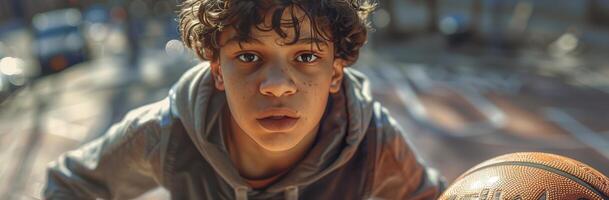 A young boy is holding a basketball photo