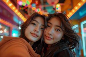 Two young women taking a selfie in front of neon lights photo