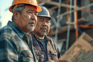 Two men in hard hats looking at a newspaper photo