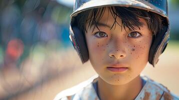 A young boy wearing a baseball cap and helmet photo