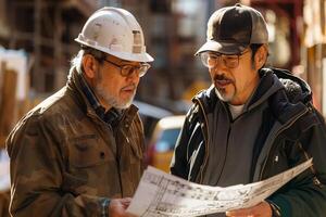 Two men in hard hats looking at a blueprint photo