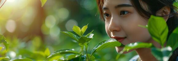 A woman is looking at the camera while surrounded by green leaves photo