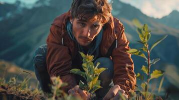 A man crouches down to pick up a plant in the mountains photo