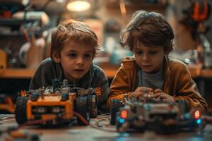 Two young boys playing with toy cars photo