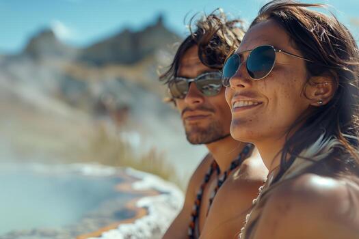 A couple sitting in front of a hot spring photo