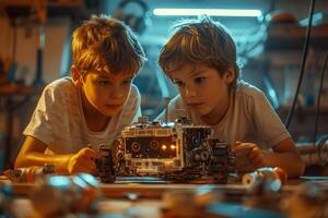 Two boys playing with a robot in a workshop photo