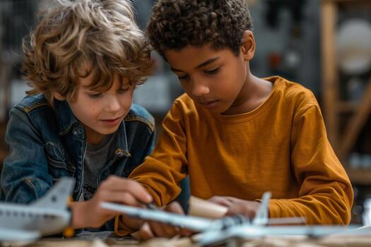Two young boys are working on a model airplane photo