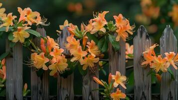 Orange flowers on a wooden fence photo