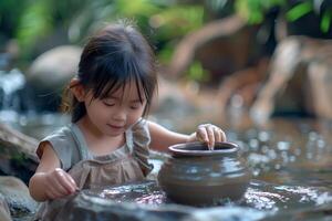 A little girl is playing with a pot in the water photo