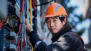 A man wearing an orange hard hat and holding a wire photo