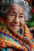An older woman with glasses and a colorful scarf photo