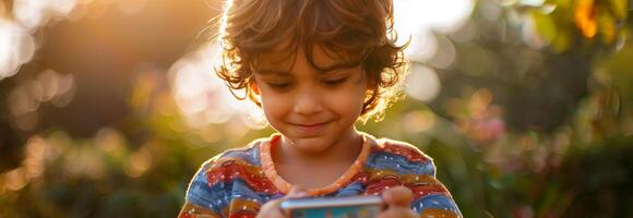 A young boy is holding a cell phone photo