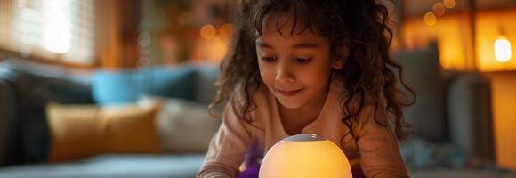 A little girl is playing with a light bulb photo