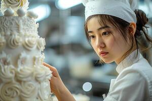 A woman in a chef hat is decorating a cake photo