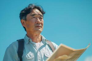 A man with a backpack and a map photo