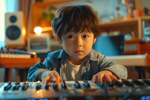 A young boy playing the keyboard in a room photo