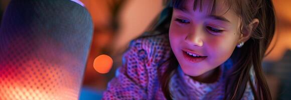 A young girl is smiling while looking at a speaker photo